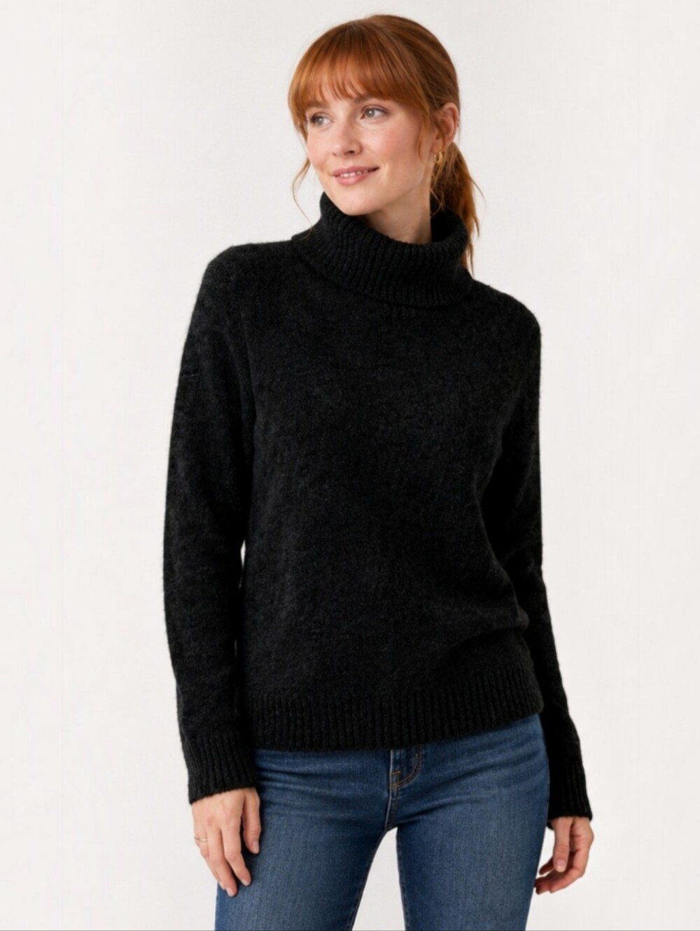 Lands' End Black Eyelash Knit Turtleneck Sweater Ribbed Trim Size M